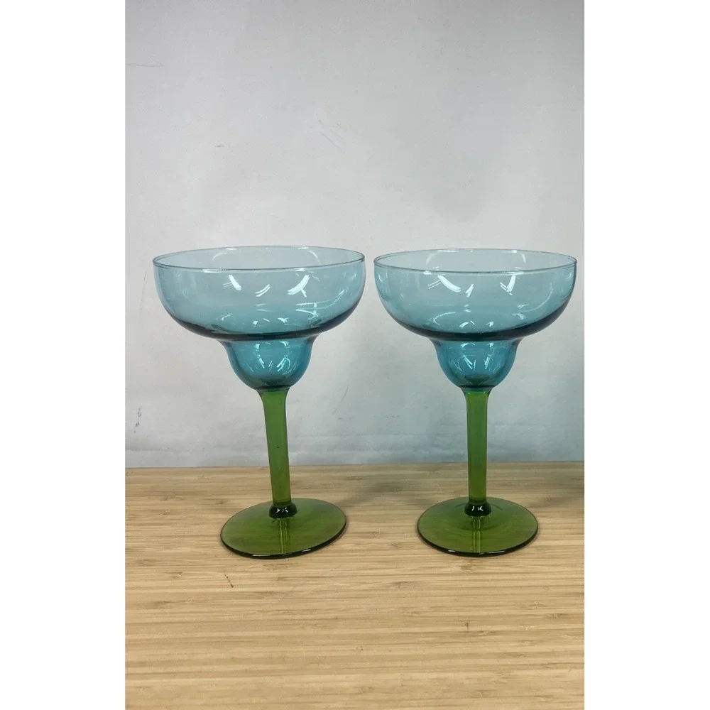 Vintage Margarita Glasses. Set Of 2 Turquoise Blue Bowl Emerald Green Stem 7